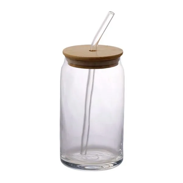 Copo Com Canudo Formato Lata 500ml Vidro Tampa Em Bambu CPDR006 - Hauskraft