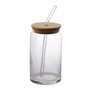 Copo Com Canudo Formato Lata 500ml Vidro Tampa Em Bambu CPDR006 - Hauskraft