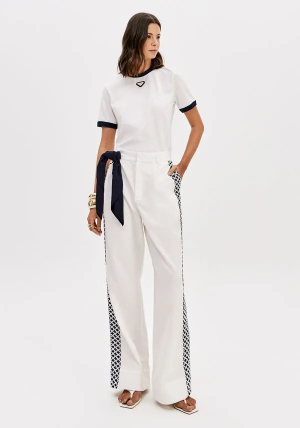 Calça Reta Cintura Alta Com Renda Branco P