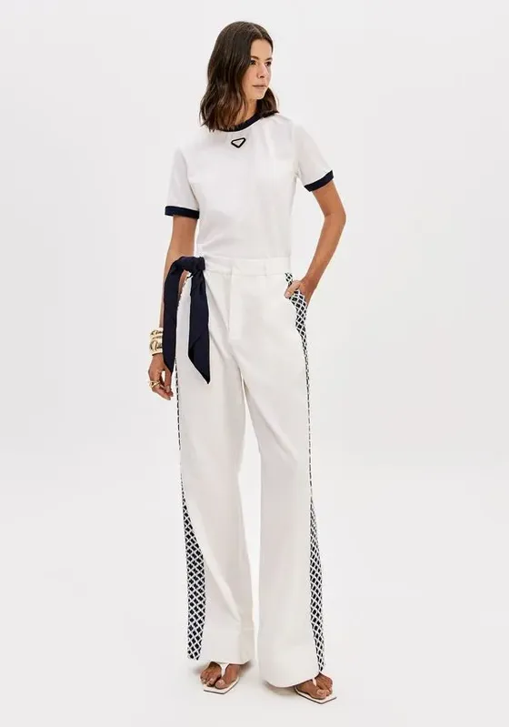 Calça Reta Cintura Alta Com Renda Branco P
