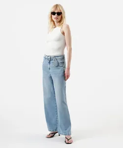 calça wide leg feminina jeans cintura média com cinto azul 36