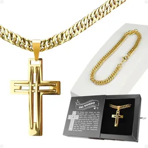 Kit Cordão Crucifixo e Pulseira Orizom Cordão Banhado Ouro + Crucifixo + Pulseira Aço Inox Dourado Masculino Kit Cordão Crucifixo e Pulseira Orizom Aço Inox Banhado Ouro Dourado Masculino