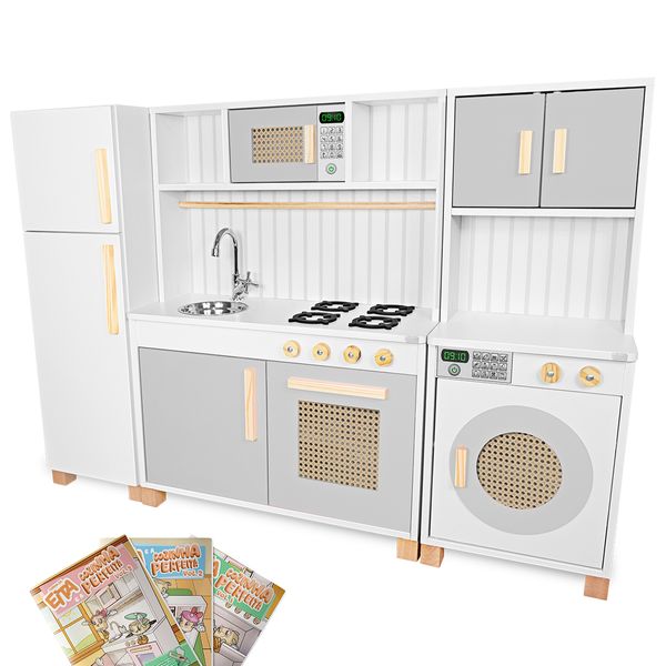 Kit Cozinha Infantil Retro com Geladeira e Máquina de Lavar Cinza