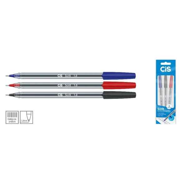 Caneta Esferográfica Scrit Blister 1 Azul, 1 Preta E 1 Vermelha - Cis