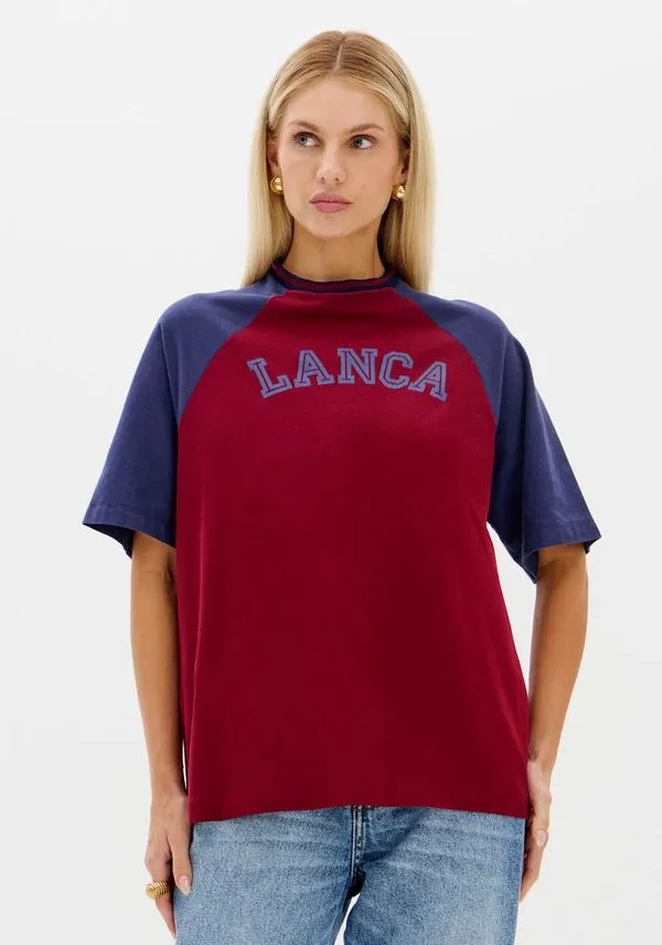 T-shirt Manga Raglan Com Estampa Vermelho PP