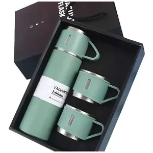 Kit 3 Peças Garrafa Térmica e Xícara Anhui 500ml e Duas Xícaras Verde E-BI