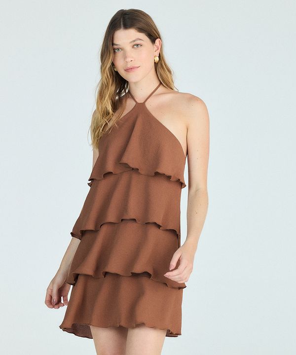 vestido feminino curto de babados frente única - marrom P