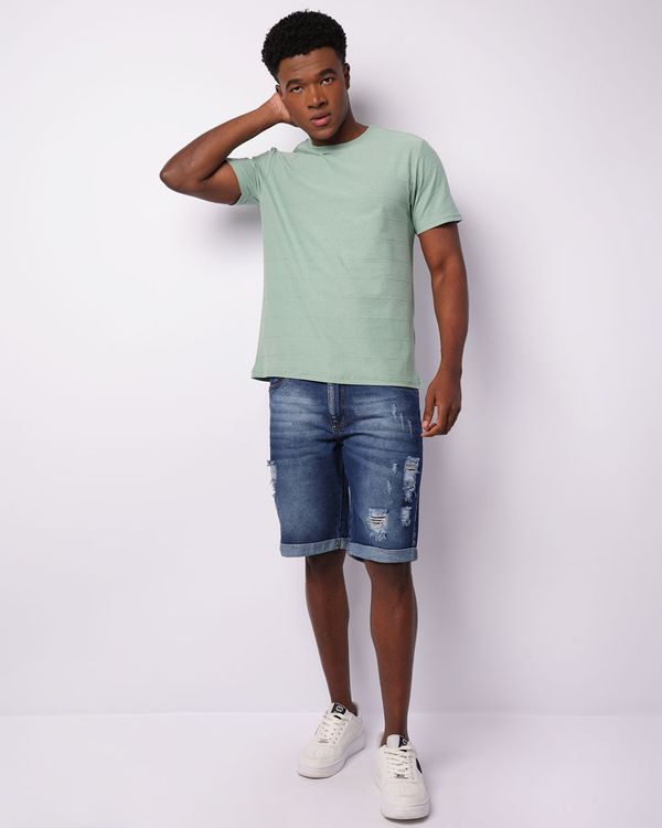 Bermuda Jeans Masculina Reta Destroyed Barra Dobrada Azul 36