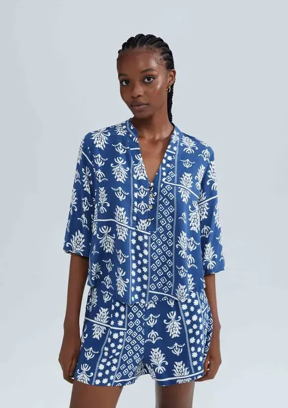 Blusa Feminina Estampada Decote V Manga Bufante - Azul XP