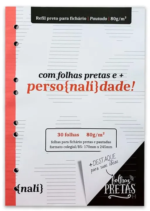 Refil Bloco Fichário Colegial Pautado 30 Folhas Pretas