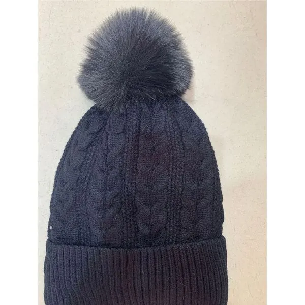 Touca Feminina de Inverno OEM em Lã Acrílica Forrada com Pelúcia Preto Adulto com Pompom Sintético Touca Feminina de Inverno OEM Lã Acrílica Forrada com Pelúcia Preto Adulto