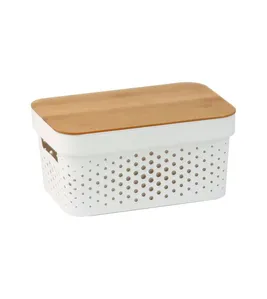 Caixa Organizadora Poa Com Tampa De Bambu 3,5L Branco Oikos