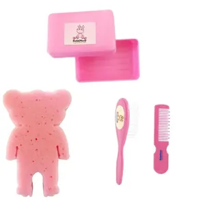 Kit Banho cuidados para Bebe pente escova saboneteira e esponja Rosa