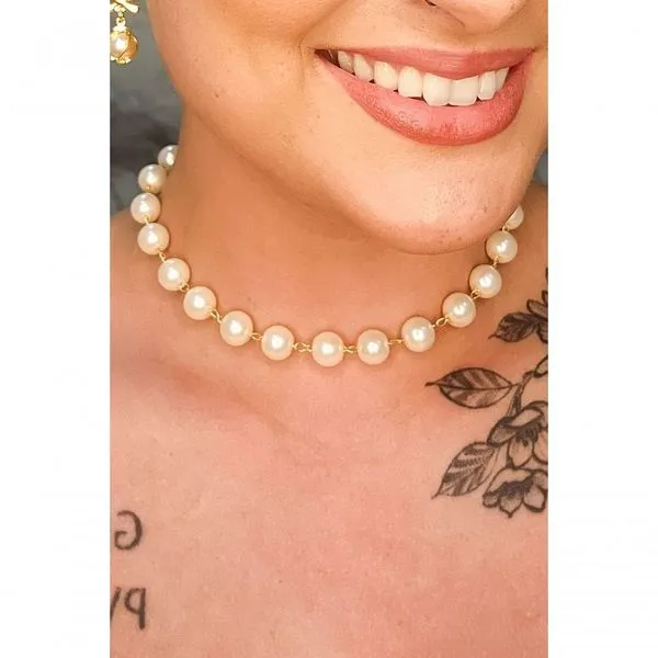 Choker de Pérolas Grandes Floratta Joias F027 Banhado em Ouro 18k 38cm Dourado Feminino Choker de Pérolas Grandes Floratta Joias Banhado em Ouro 18k [F027]