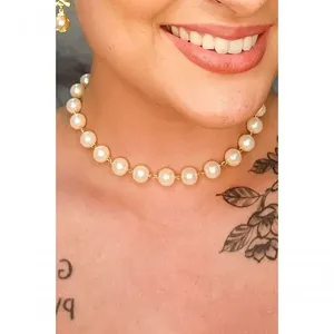 Choker de Pérolas Grandes Floratta Joias F027 Banhado em Ouro 18k 38cm Dourado Feminino Choker de Pérolas Grandes Floratta Joias Banhado em Ouro 18k [F027]