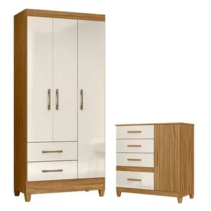 Guarda Roupa Solteiro e Cômoda Lima Vênus 4 Portas de Bater 6 Gavetas em MDP com Pés e Cabideiro Freijó Off White Guarda Roupa Solteiro e Cômoda Lima Vênus 4 Portas de Bater 6 Gavetas em MDP Freijó Off White