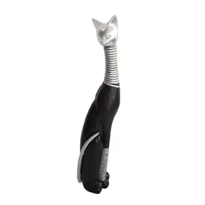 Gato Slim Preto Resina Com Detalhes Cinza 65cm