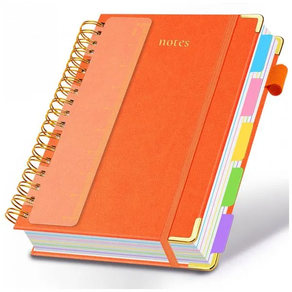 Caderno universitário espiral capa dura GDGDSY B5 8x10, 5 matérias, 300 páginas pautadas, divisórias removíveis, capa couro sintético laranja