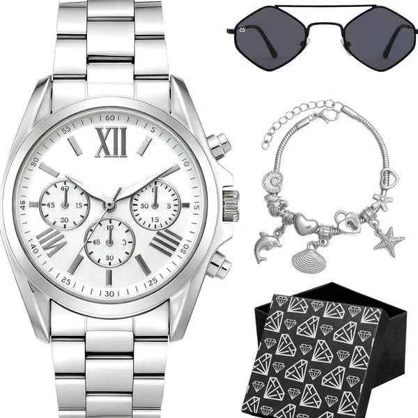 Kit Feminino Orizom Maria em Aço Inox Prata com Relógio Analógico, Óculos de Sol Losango, Pulseira com Pingentes e Caixa Kit Feminino Orizom Maria em Aço Inox Prata com Relógio Analógico, Óculos de Sol Losango e Pulseira