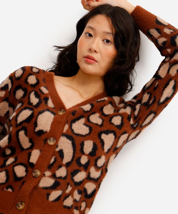 cardigan feminino de tricot animal print texturizado marrom PP