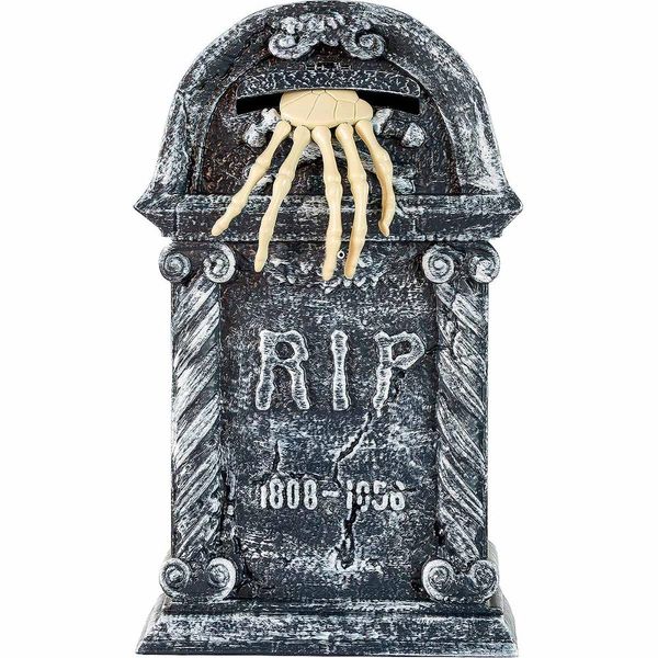 Decoração Halloween Eletronica Brinquedo Lápide Túmulo Animatrônic Com Mão de Caveira Mexe Som e Luz -