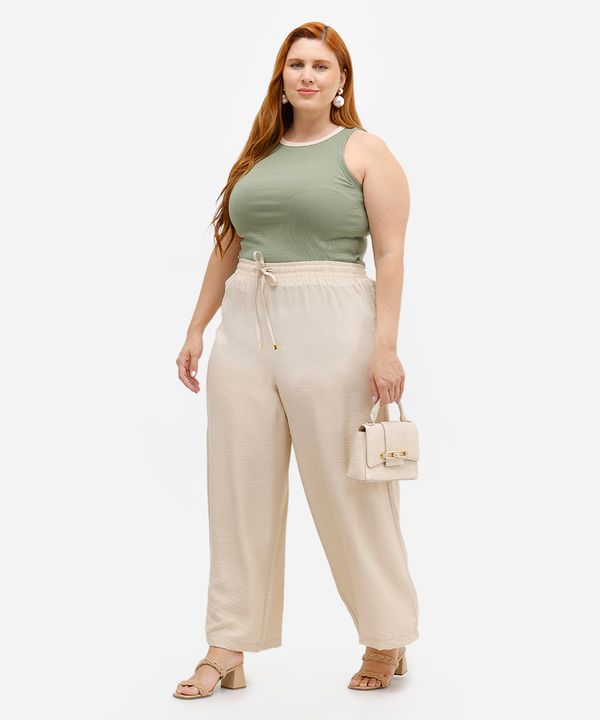 calça wide leg feminina de viscose texturizada plus size bege 52