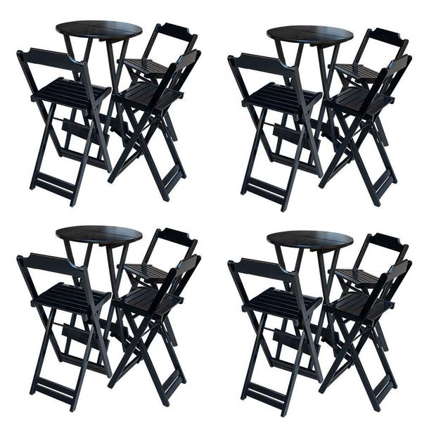 Kit 4 Conjuntos De Mesa Bistrô Dobravel Em Madeira Maciça Com 3 Banquetas Altas - Preto - Preto