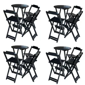Kit 4 Conjuntos De Mesa Bistrô Dobravel Em Madeira Maciça Com 3 Banquetas Altas - Preto - Preto