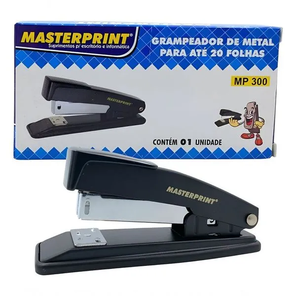 Grampeador de Metal Pequeno Masterprint MP-300 para Até 20 Folhas 11,5cm 01 Unidade Preto e Prata Grampeador de Metal Pequeno Masterprint MP-300 para 20 Folhas 11,5cm Preto e Prata