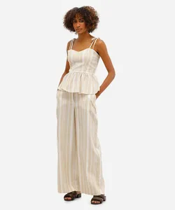 calça pantalona feminina com linho listrada off white 42