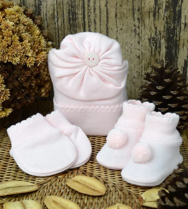 Kit Touca Luva e Sapato Pompom 1016 - Tam. RN Rosa