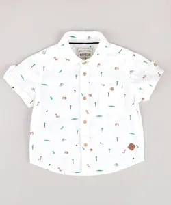 Camisa Infantil Estampada de Bichos com Bolso Manga Curta Off White 4