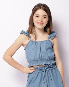 Regata Jeans Juvenil Cropped Elástico Na Barra Azul 14