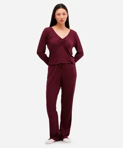 pijama feminino canelado manga longa vinho G