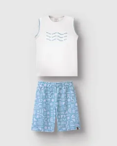 Conjunto Menino Bermuda Estampada Em Moletinho Listrado Linho - Carinhoso Branco - 16