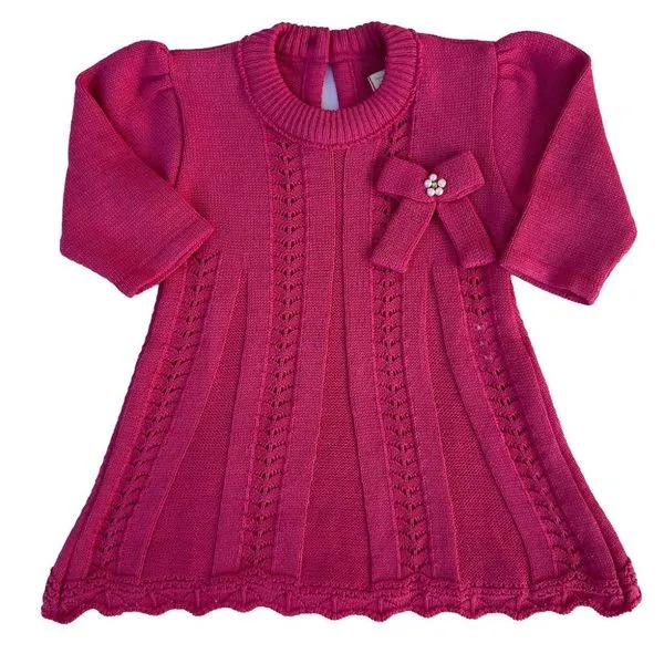 Vestido de Tricô Helena Com Laço e Bordado Rosa Forte M