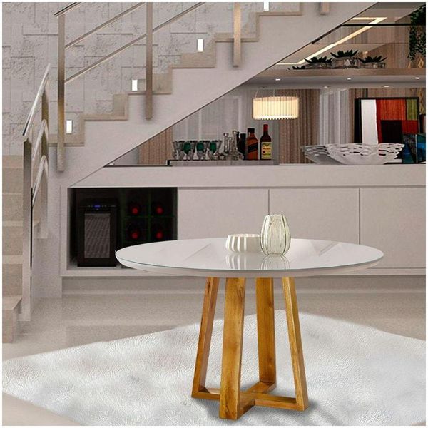 Mesa de Jantar Redonda Tampo de Vidro 100cm Mel/Off White
