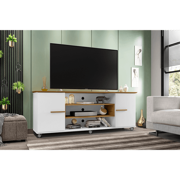 Rack para TV 65'', MDP/MDF, 2 Prateleiras, 2 Portas - Odeon Cinamomo / Branco