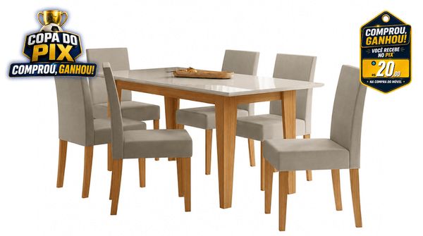 Mesa Liz com 6 Cadeiras Bege sem Vidro Tampo Off White - Poliman
