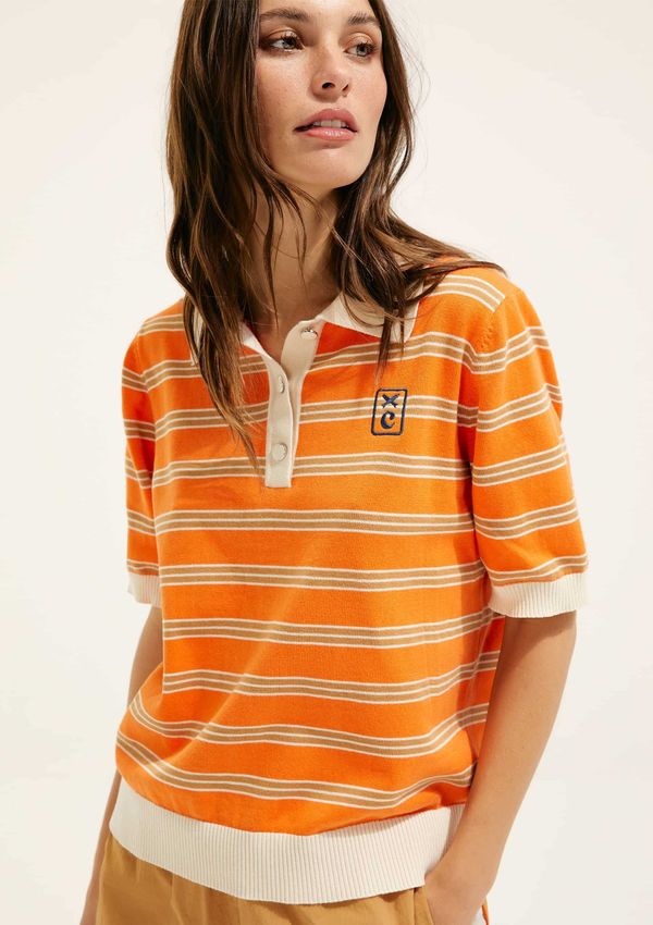 Camisa Polo Listrada Em Tricô Hering + Cosmo - Laranja P