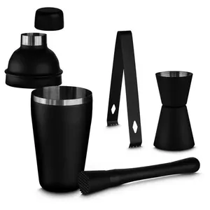 Kit Coqueteleira Aço Inox Preta Com Socador Dosador E Pinça
