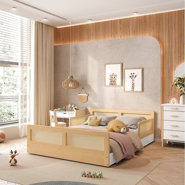 Cama Montessoriano Casal Lift em Madeira Maciça com Rattan 2 Grades Casatema Branco/Natural