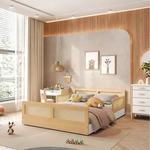 Cama Montessoriano Casal Lift em Madeira Maciça com Rattan 2 Grades Casatema Branco/Natural