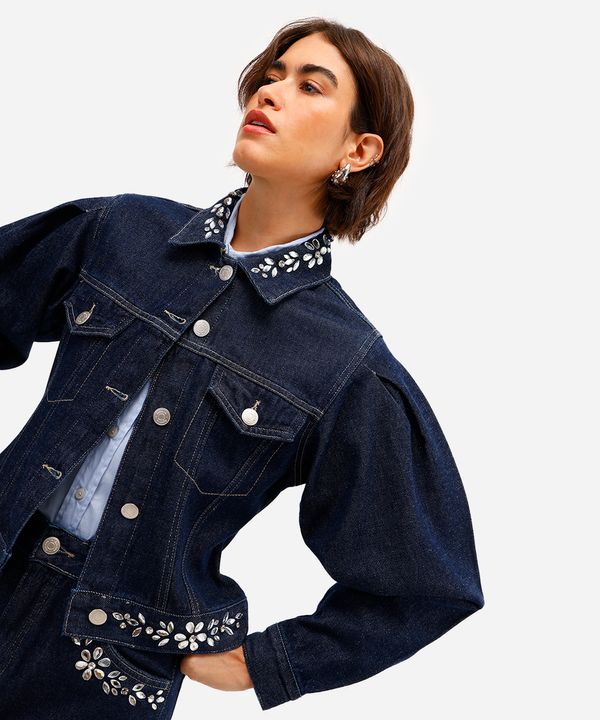 jaqueta feminina jeans manga bufante com brilhos azul M