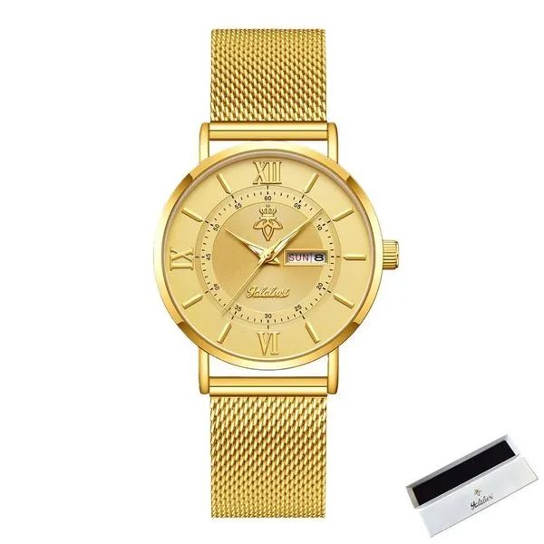 Relógio de Pulso Feminino de Quartzo Multifuncional Analógico e Digital com Pulseira em Aço Inox Dourado Sanda Relógio de Pulso Feminino de Quartzo Analógico e Digital com Pulseira em Aço Inox Dourado Sanda
