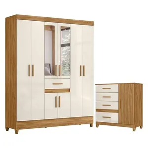 Guarda Roupa Casal Portugal com Espelho e Cômoda Vênus 08 Portas 05 Gavetas MDP 165 cm Off White Moval Guarda Roupa Casal Portugal Com Espelho E Cômoda Vênus Com Pés Freijó Off White - Moval