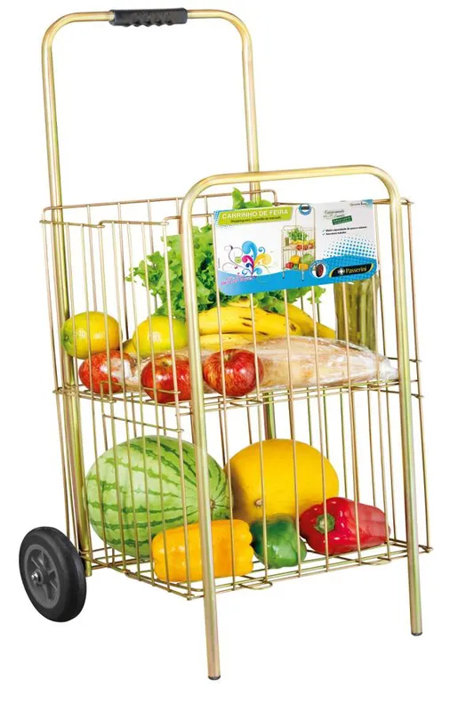 Carrinho de Feira para Compras Grande Dourado com Rodas Super Reforçacas