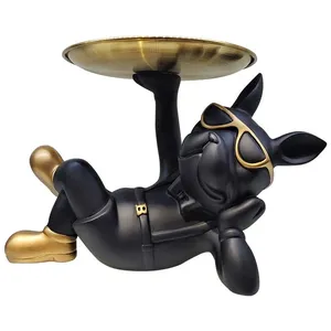 Estatueta Cachorro de Óculos Deitado Com Bandeja Resina Aço Inox Preto E Douraddo 26x17x18,5cm LM2843 - honeyhome