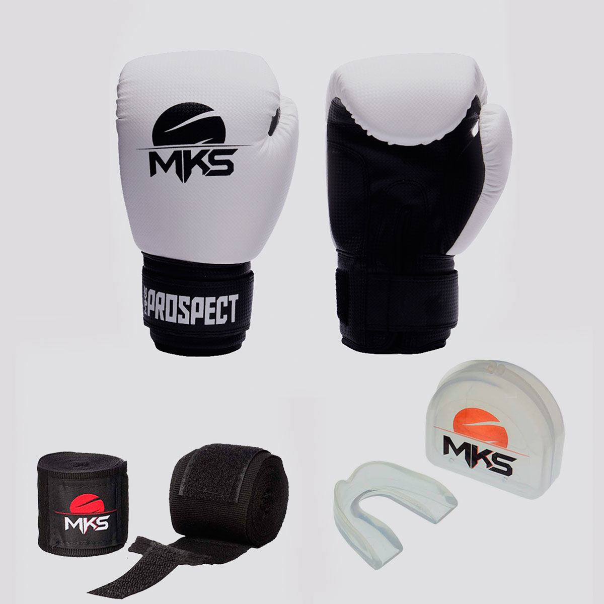 Kit de Luva de Boxe com Bandagem e Bucal MKS Branca
