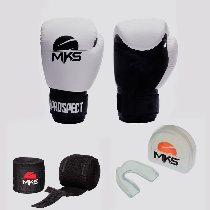 Kit de Luva de Boxe com Bandagem e Bucal MKS Branca